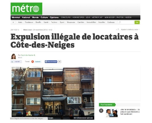 Métro - Expulsion illégale de locataires à Côte-des-Neiges
