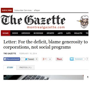 The Gazette - Letter: For the deficit, blame generosity to corporations, not social programs