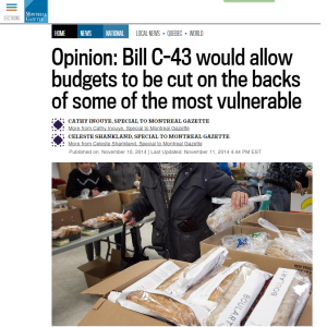 Montreal Gazette - Opinion: Bill C-43 would allow budgets to be cut on the backs of some of the most vulnerable