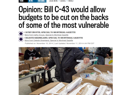 Montreal Gazette - Opinion: Bill C-43 would allow budgets to be cut on the backs of some of the most vulnerable